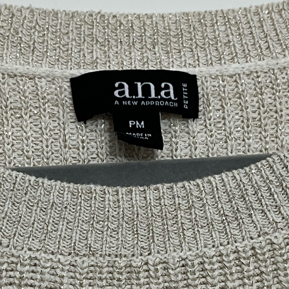 ANA Ivory Beige Gold Metallic Thread Lace-Up Knit Sweater PM Cozy Chic - Picture 3 of 8